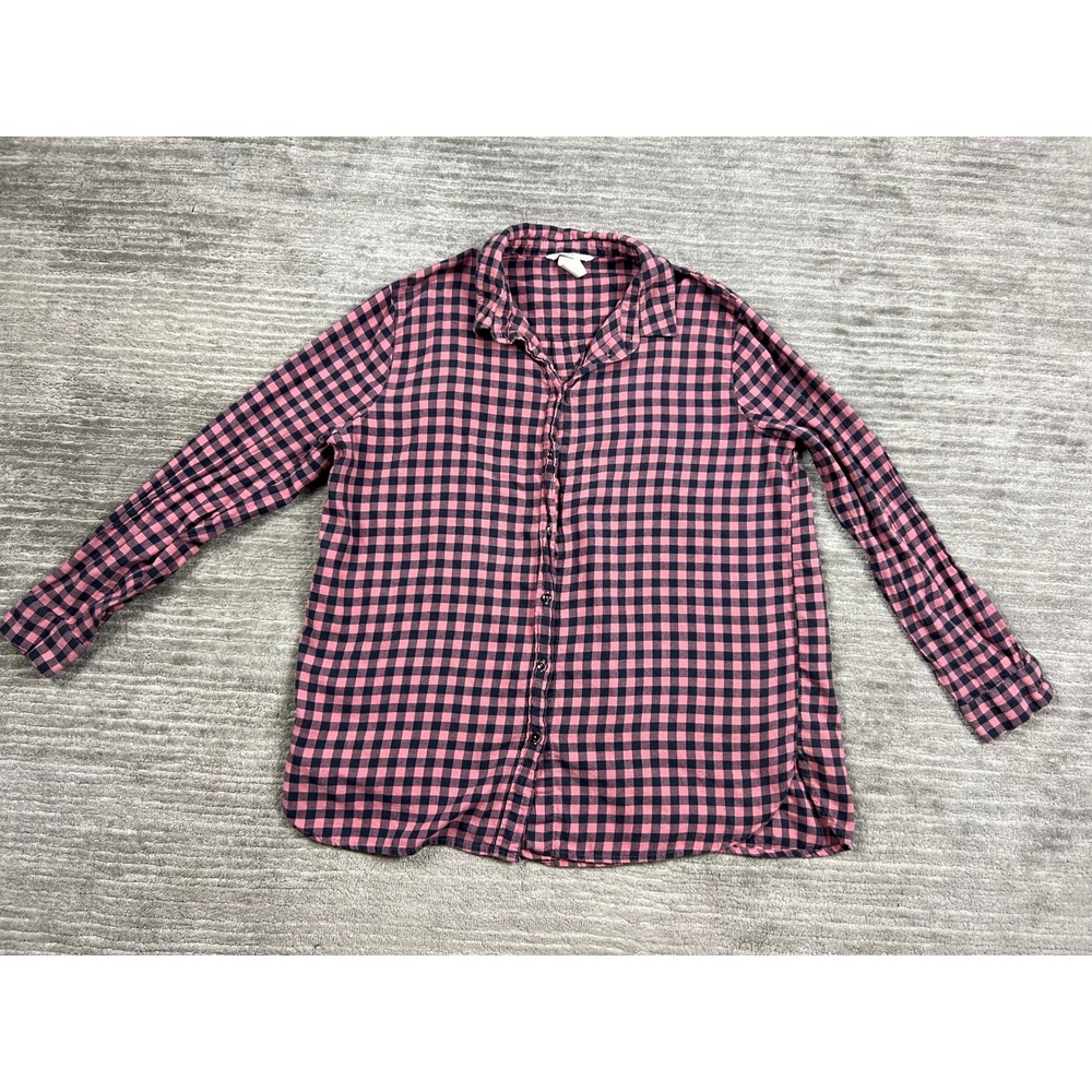 H&M Button Down Shirt Womens 12 Pink Navy Gingham Check Cotton Long Sleeve Top
